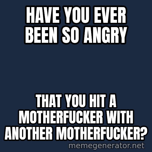 Throwme meme: Have you ever been so angry / that you hit a motherfucker with another motherfucker?