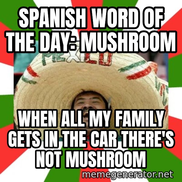 Sombrero Mexican meme: spanish word of the day: mushroom / when all my family gets in the car there's not mushroom