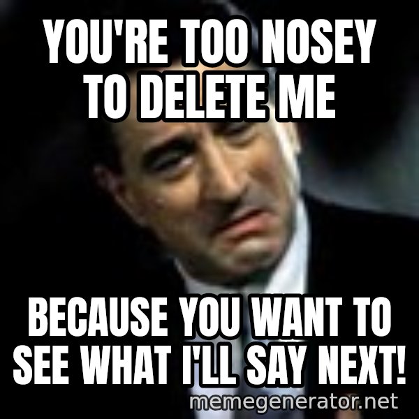 Robert De Niro meme: You're too nosey to delete me / because you want to see what I'll say next!