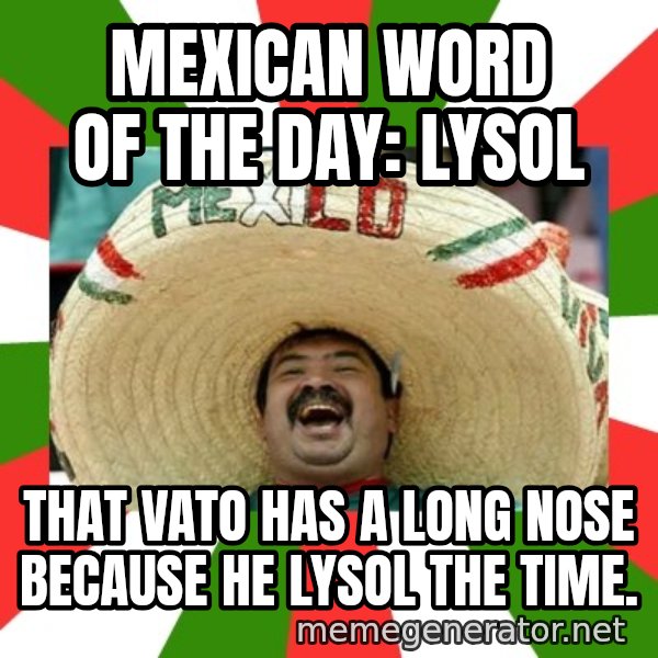 Sombrero Mexican meme: Mexican word of the day: Lysol / That vato has a long nose because he Lysol the time.