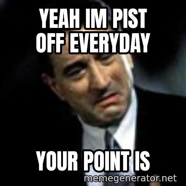 Robert De Niro meme: yeah im pist off everyday / your point is