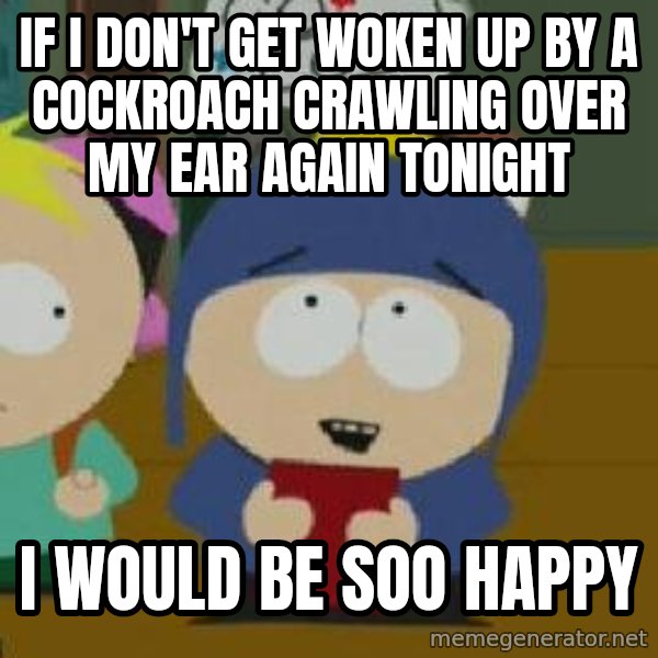 Craig would be so happy meme: If I don't get woken up by a cockroach crawling over my ear again tonight / I would be soo happy